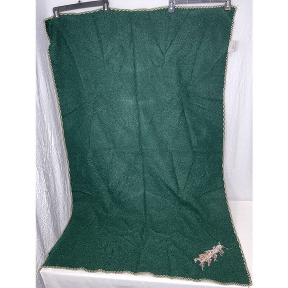 Woolrich Blanket Deep Green Wool Throw Embroidered Brown Tan Horses 62 X 40 USA - Picture 7 of 7
